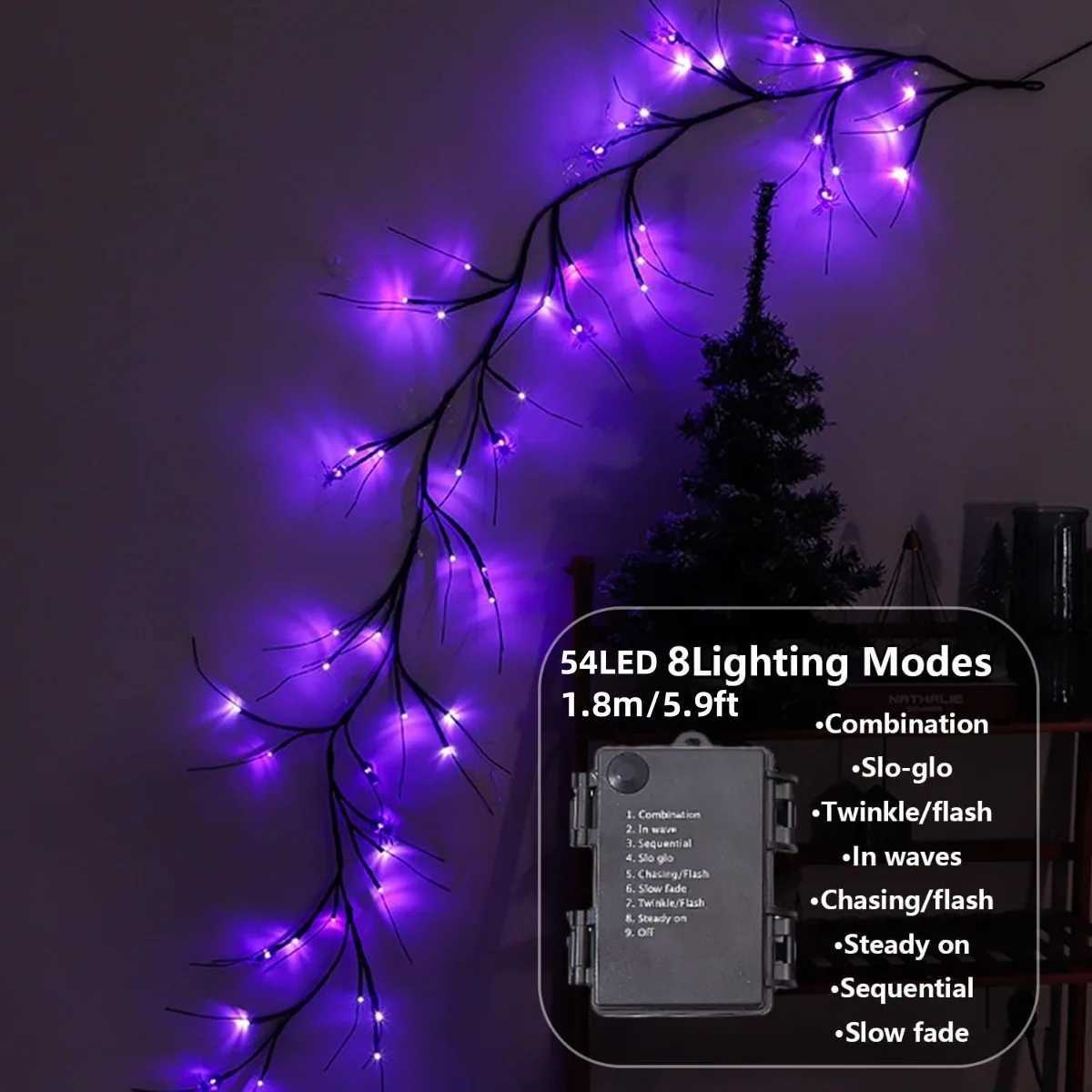 1PC 54 LED Halloween Atmosphere Purple Rattan Lights DIY Branches Garland Outdoor Indoor Waterproof Wall Lights Battery Powered XJ250710