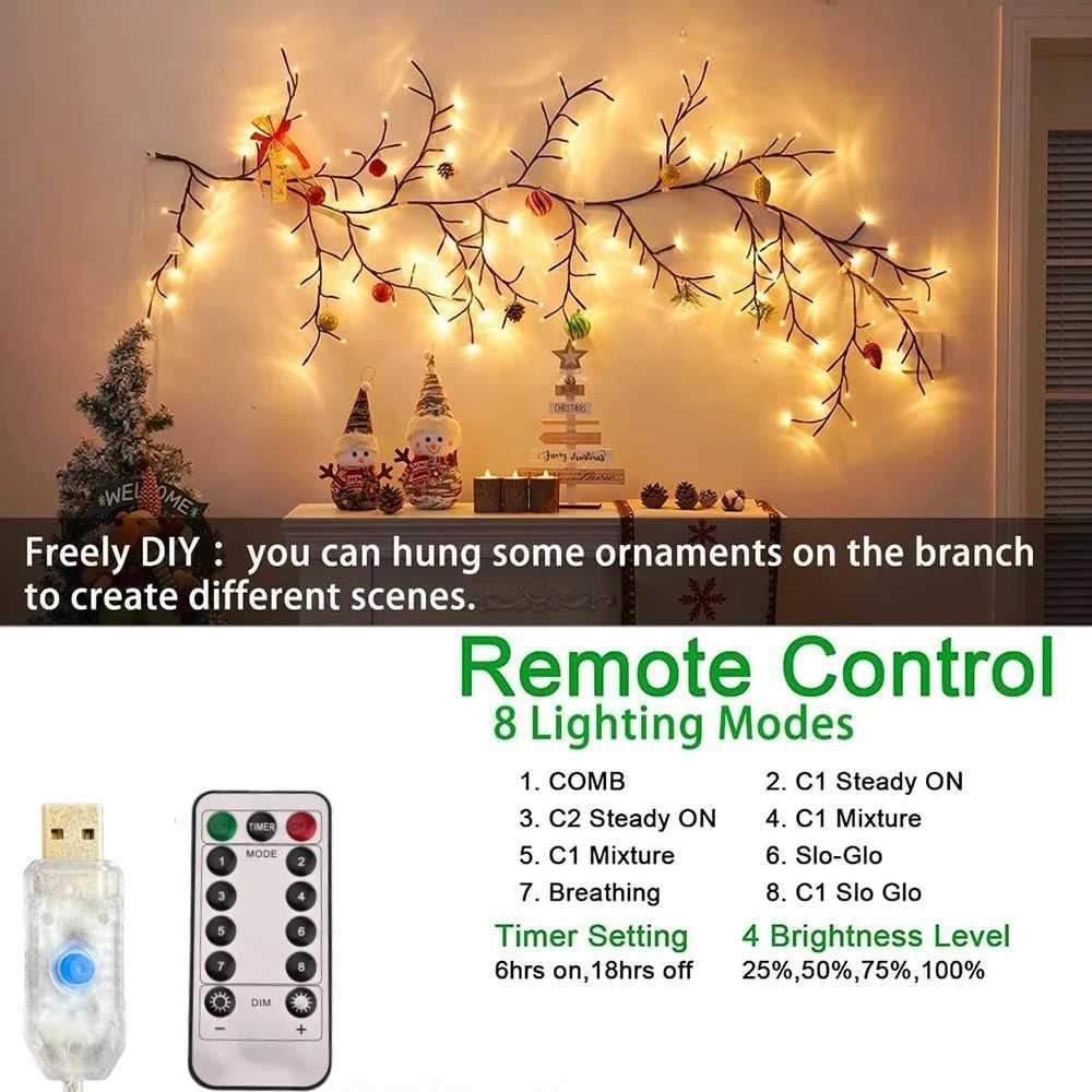 72/96/144LEDS USB Willow Vine Branch Lights 8 Modes Warm White Light for Wall Room Kitchen Coffee Shop Christmas Halloween Decoration XJ250710