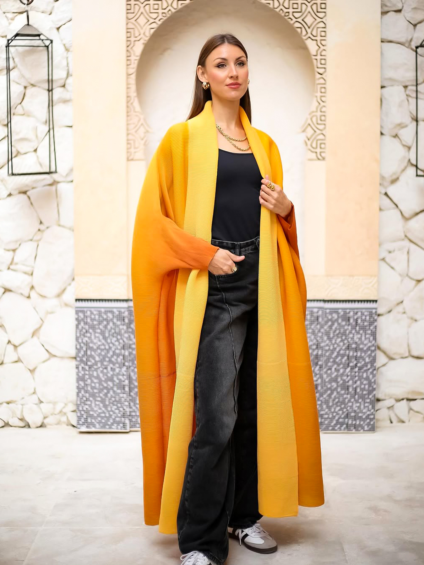 Women's Outerwear & Coats Middle Eastern gradient printed pleated robe Coats