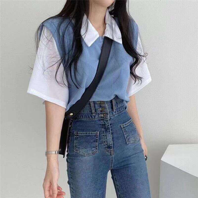 Summer Polo Collar Fake Two-Piece College Style Color-Block Short Sleeve T-Shirt For Women Loose Casual Versatile Top Ins B5