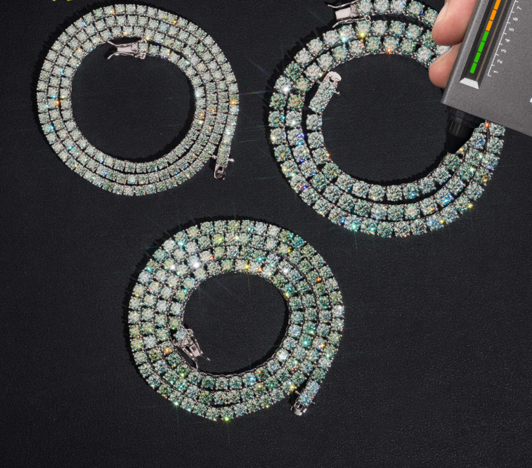 4mm Blue-green Moissanite Tennis Chain 925 Sterling Silver Gold Plated Pass Diamond Test Colors Moissanite Necklace