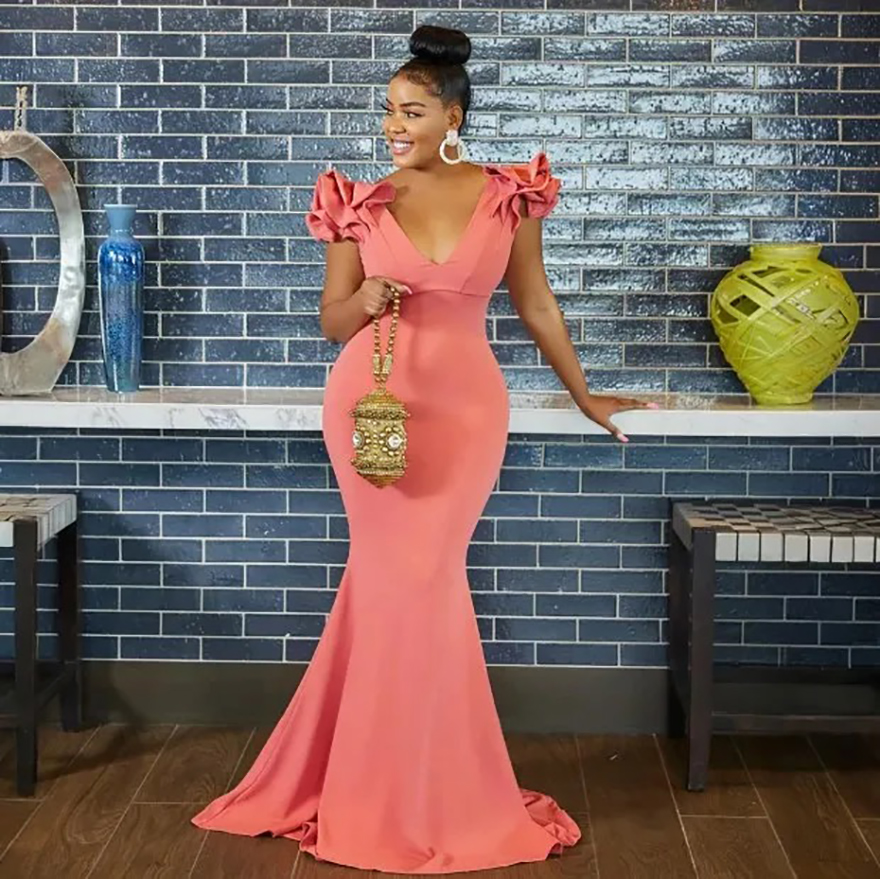 Watermelon Junior Bridesmaid Mermaid V Neck Gorgeous Elastic Satin Maid of Honor Dresses Bride Gowns for Nigeria Black Women Girls Marriage