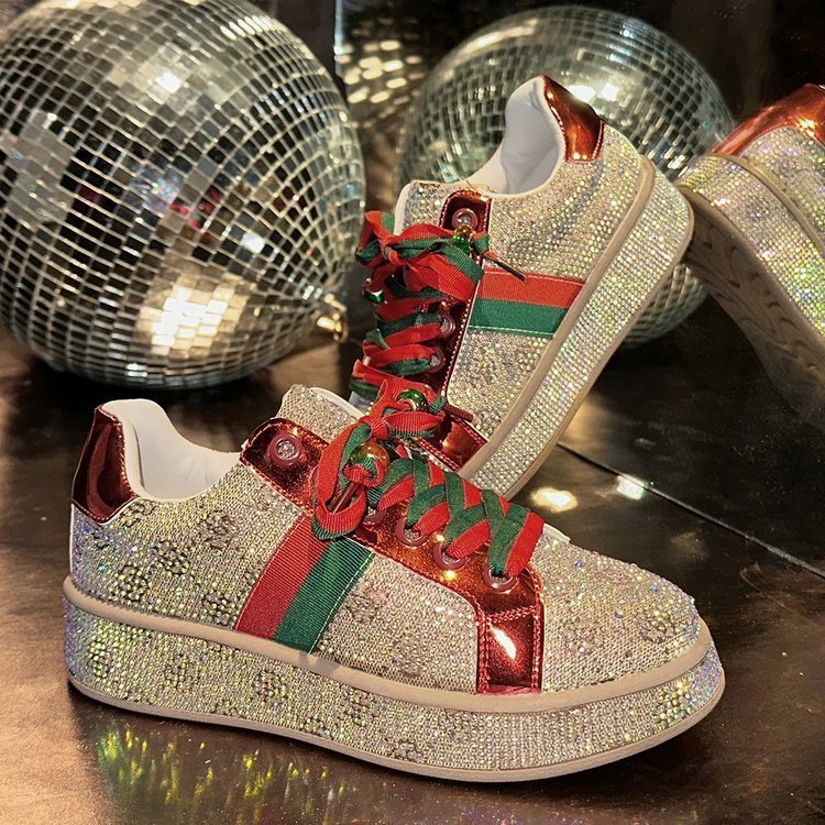 Full Diamond Thick Sole Sneakers for Women Spring Color Block Embroidered Large Size Casual Sports Shoes for Women 250711