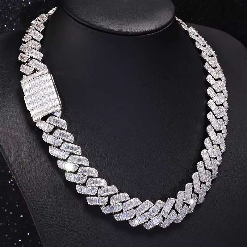 Heavy Silver 18k Gold Plated Luxury Necklace Baguette Diamond VVS Moissanite Cuban Link Chain