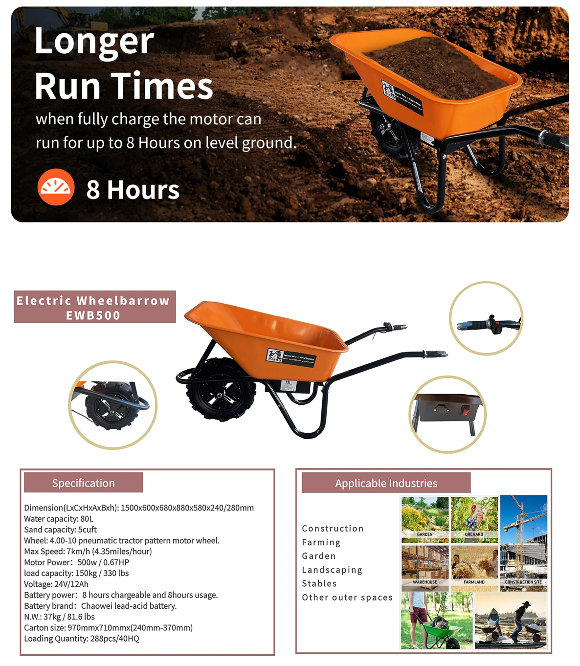 330 lbs Electric Battery Powered Wheelbarrow Dump Cart Handcart Wheel Up to 8 Hours Running Chargeable Battery