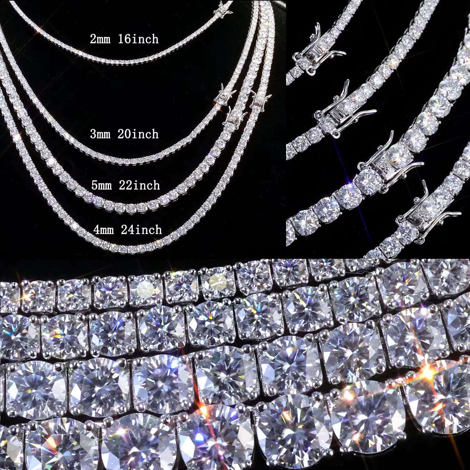 NUOYA Jewelry 925 Silver VVS Moissanite Tennis Chain Necklace 2/3/4 MM Iced Out Diamond Tennis Chain Pass Diamond Test