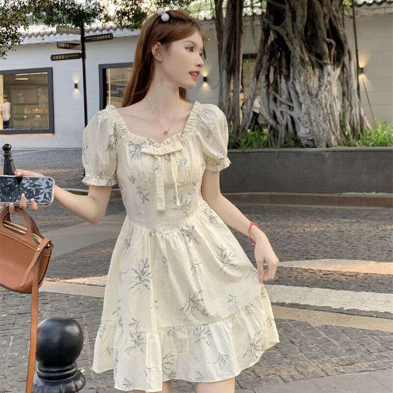 French Style Square Neck Bow Floral Women, Waist-Cinching, Elegant Design, Petite Short Dress For Summer B5