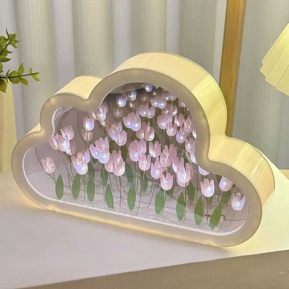 12pcs DIY Cloud Mirror Tulip Lamp Night Light Girl Bedroom Ornaments Photo Frame Handmade Glass Bedside Sleep Light Christmas Gifts XJ250710