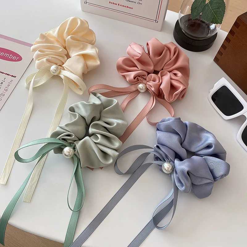 Fashion Ribbon Bow Pearl Hair Scrunchies Simple Solid Headbands Elegant Hair Ties Women Ponytail Rope Bands Hair Accessories Y250711