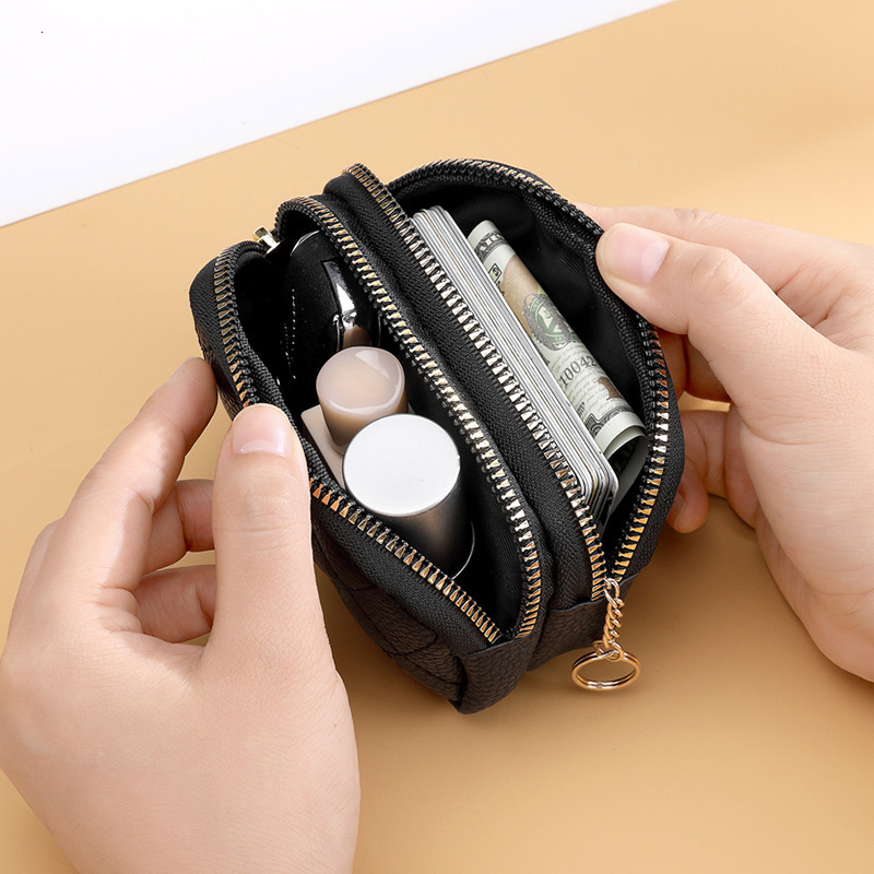 New Handheld Mini Womens Wallet Diamond Stitching Double Zipper Coin Purse PU Leather