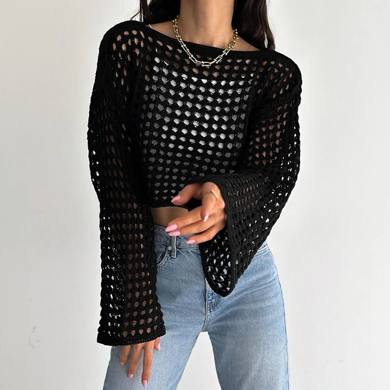 Long Sleeve Crochet Knit Top Summer Beach Bikini Cover Up Crop Pullover Wool Knitwear Blouse Women Vacation Boho Outfit y250704