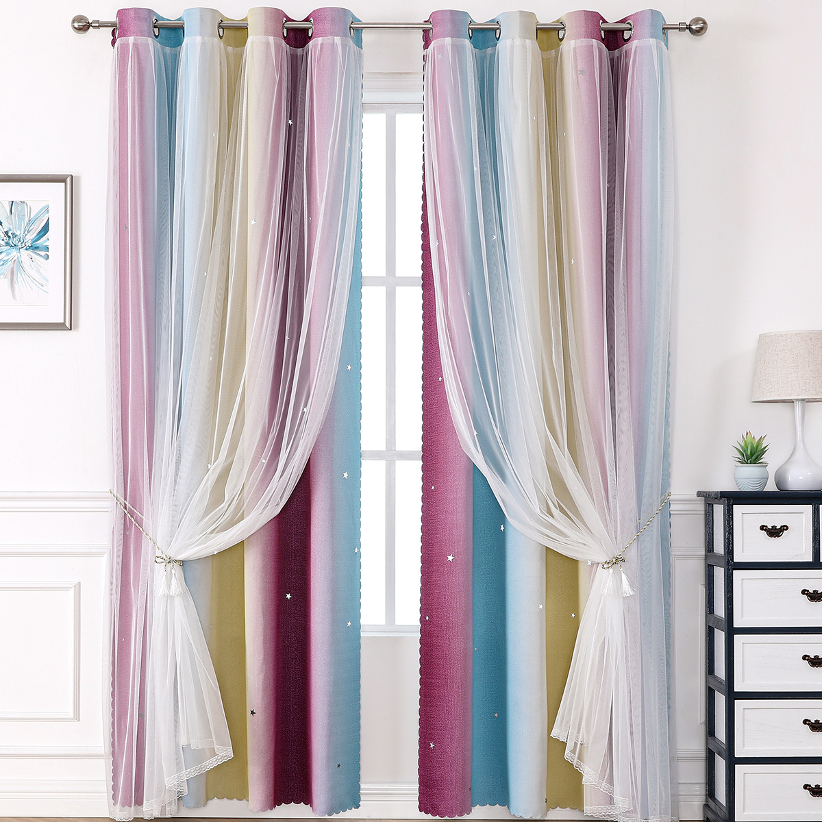 YL-36540 Morandi double curtain rainbow gradient stripe finished cloth yarn integrated blackout curtain