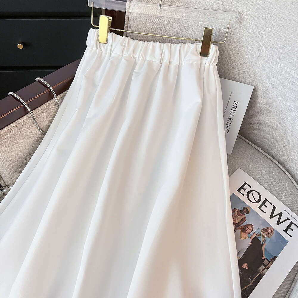 French Style White Gentle Temperament Draped High Waist Slimming Midi For Women Summer Cool Design Flared Umbrella Skirt B5