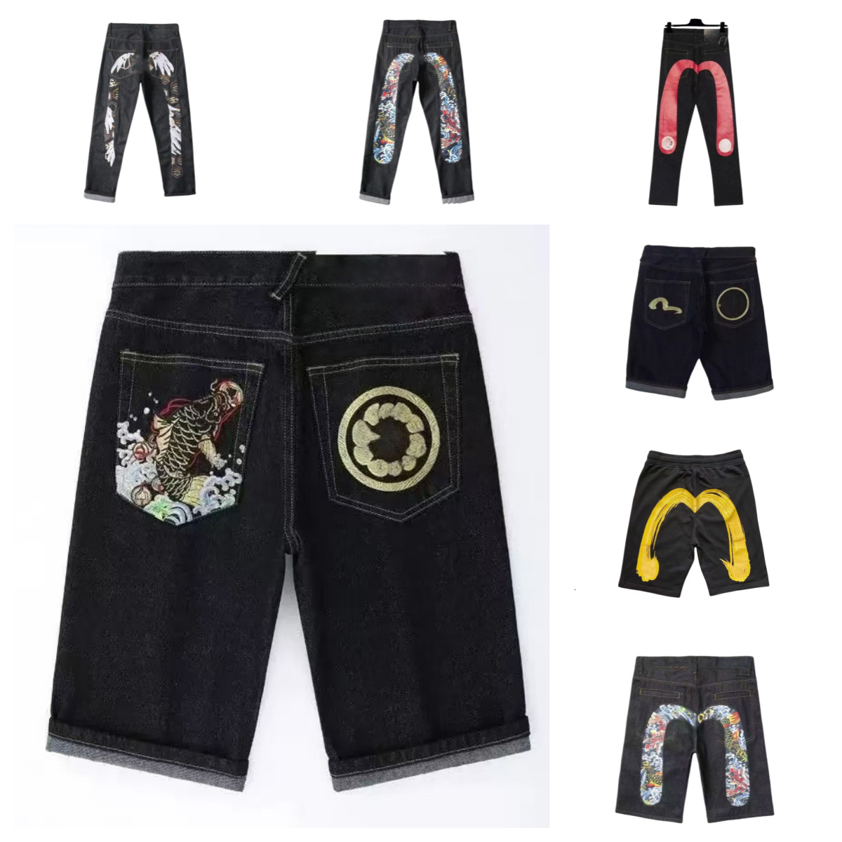 25ss evisiu jorts Designer evis jeans women Mens Luxury Straight Tube Wide Leg Brand Pants Hip Hop Street Jean Straight Patch Hole Beggar M Shaped Jea