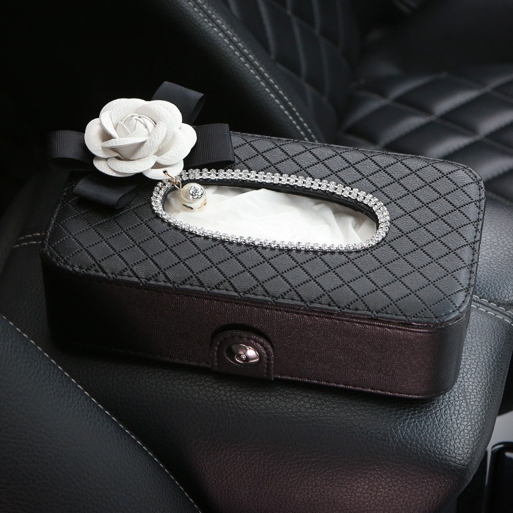 High Quality Leather Pearl Flower Car Tissue Box For Armrest Paper Holder Hanging for Auto Back Seat Headrest Organizer Storage 250711