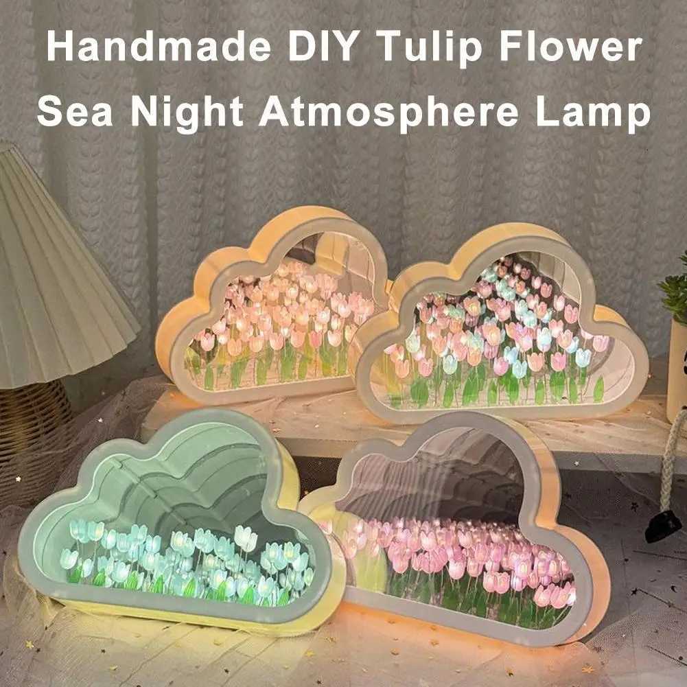 12pcs DIY Cloud Mirror Tulip Lamp Night Light Girl Bedroom Ornaments Photo Frame Handmade Glass Bedside Sleep Light Christmas Gifts XJ250710