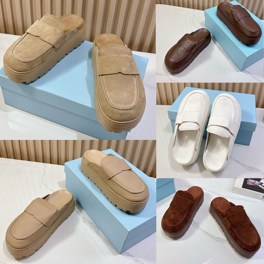 Suede flatform mules 1XZ778 womens designer mule Ecru Upper with leather strap Rubber flatform sole contemporary style Comfort Soft Suede Mules Anti slip sole