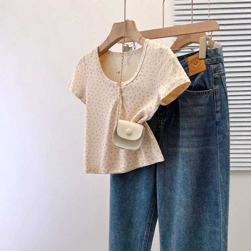 French Fresh U-Neck Floral Off-Shoulder Sleeve T-Shirt For Women Summer BM Style Short Slim Fit Sweet Spicy Girl Top B5