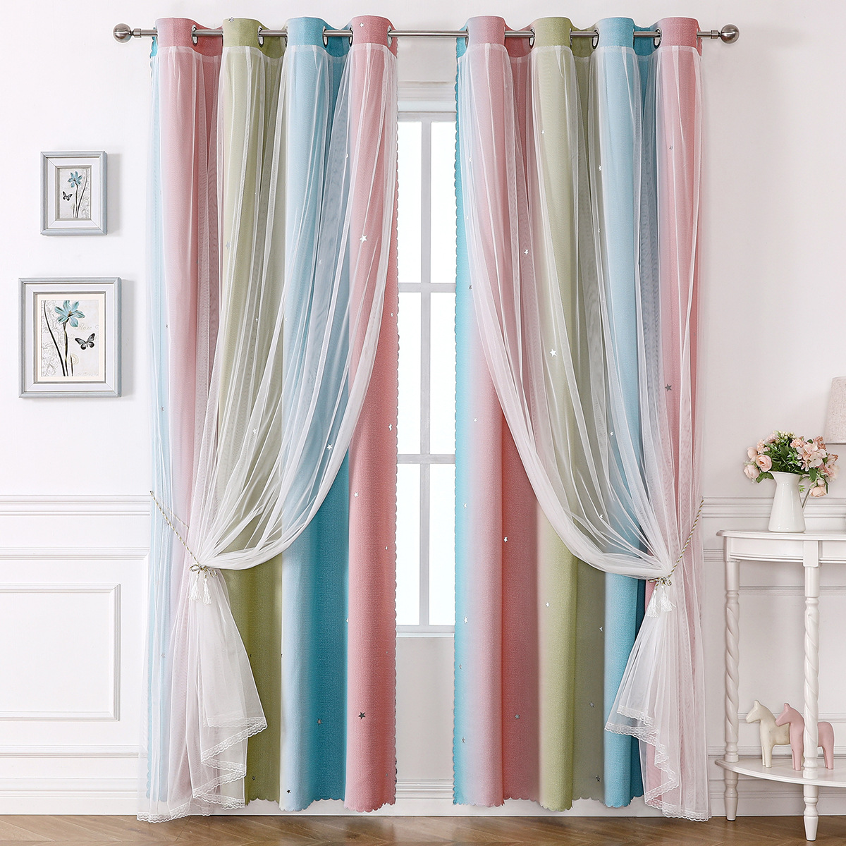 YL-36516 Morandi double curtain rainbow gradient stripe finished cloth yarn integrated blackout curtain
