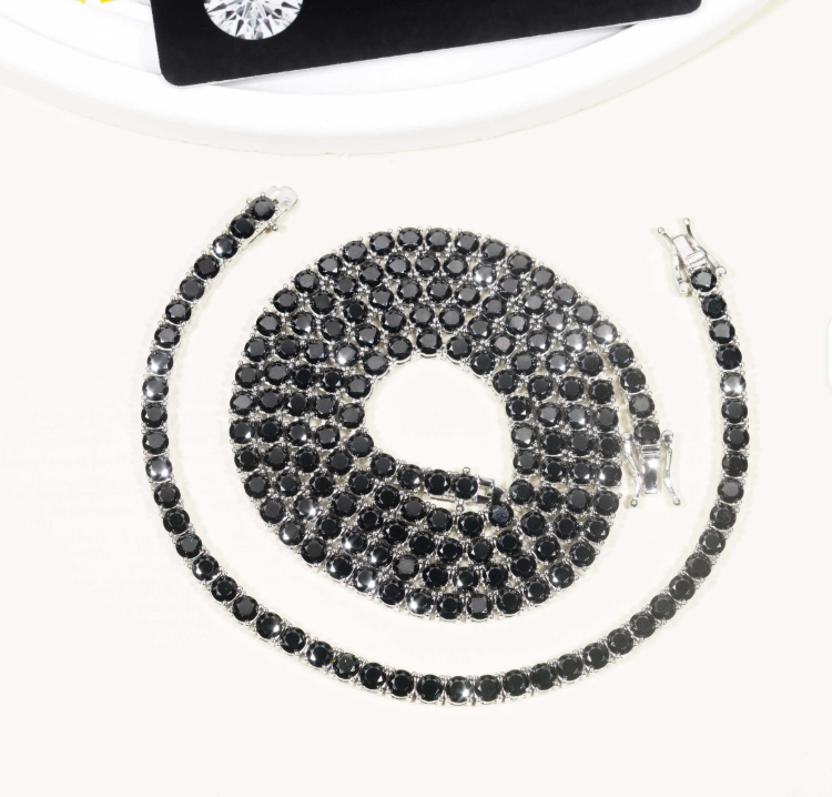 Hot Sale 4mm Black Moissanite Diamond Tennis Necklace VVS 925 Silver Hip Hop Iced Out Tennis Chain