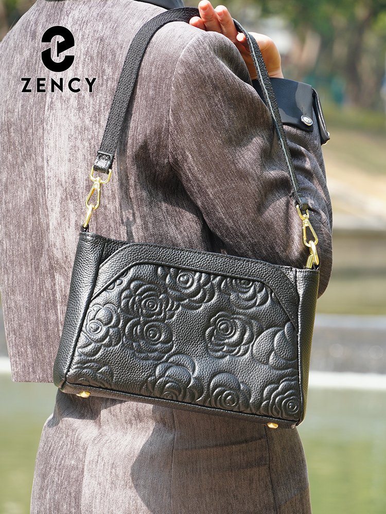 Zency Women Elegant Rose Embossing Cowhide Leather Black Handbag Shoulder Bag Crossbody Bag Small Leather Bag For Spring Summer