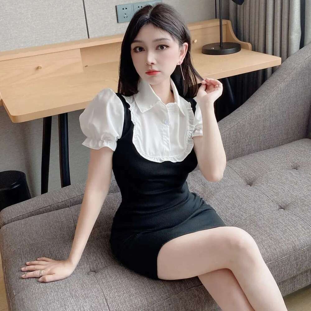 Spicy Girl College Style Fake Two-Piece Sleeve Shirt Summer New Design Waist-Cinching Slimming Bodycon Short Dress B5