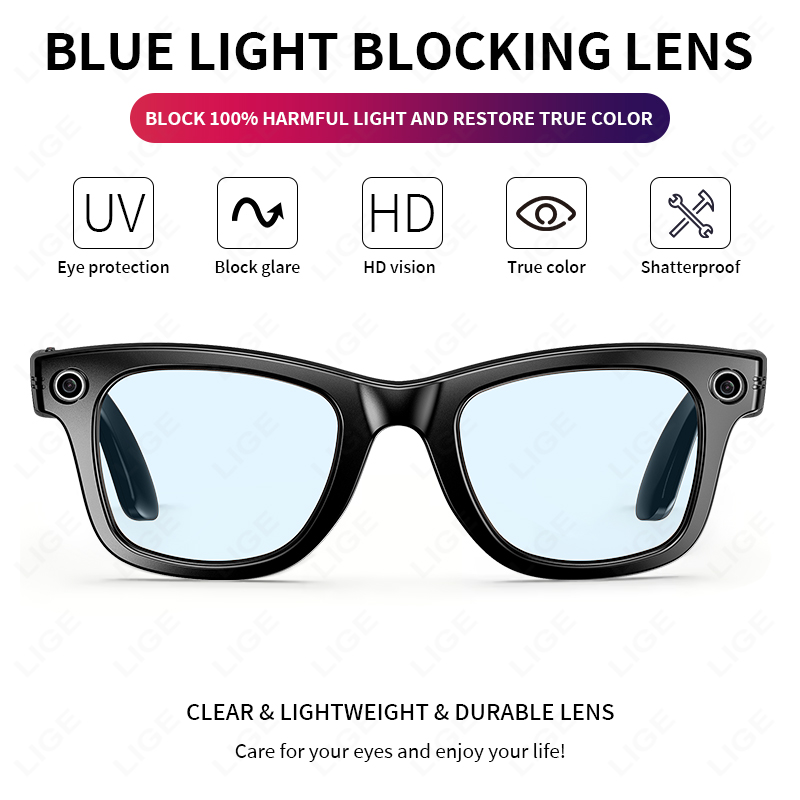 LIGE Sports smart glasses AI translation glasses Anti-blue light glasses, wireless call music control audio glasses IP67 waterproof camera and video g