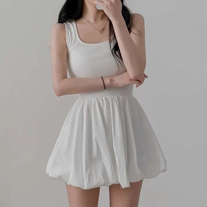 French Style White Strap For Women, Summer Chic Slimming Floral Short Dress, Sweet Waist-Cinching Puffy Dress B5