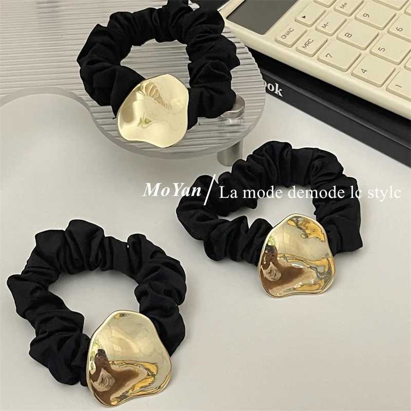 Black Scrunchies Geometric Metal Gold Color Hair Ties Elegant Silk Elastics Hair Band Solid Color Scrunchies for Women and Girls Y250711