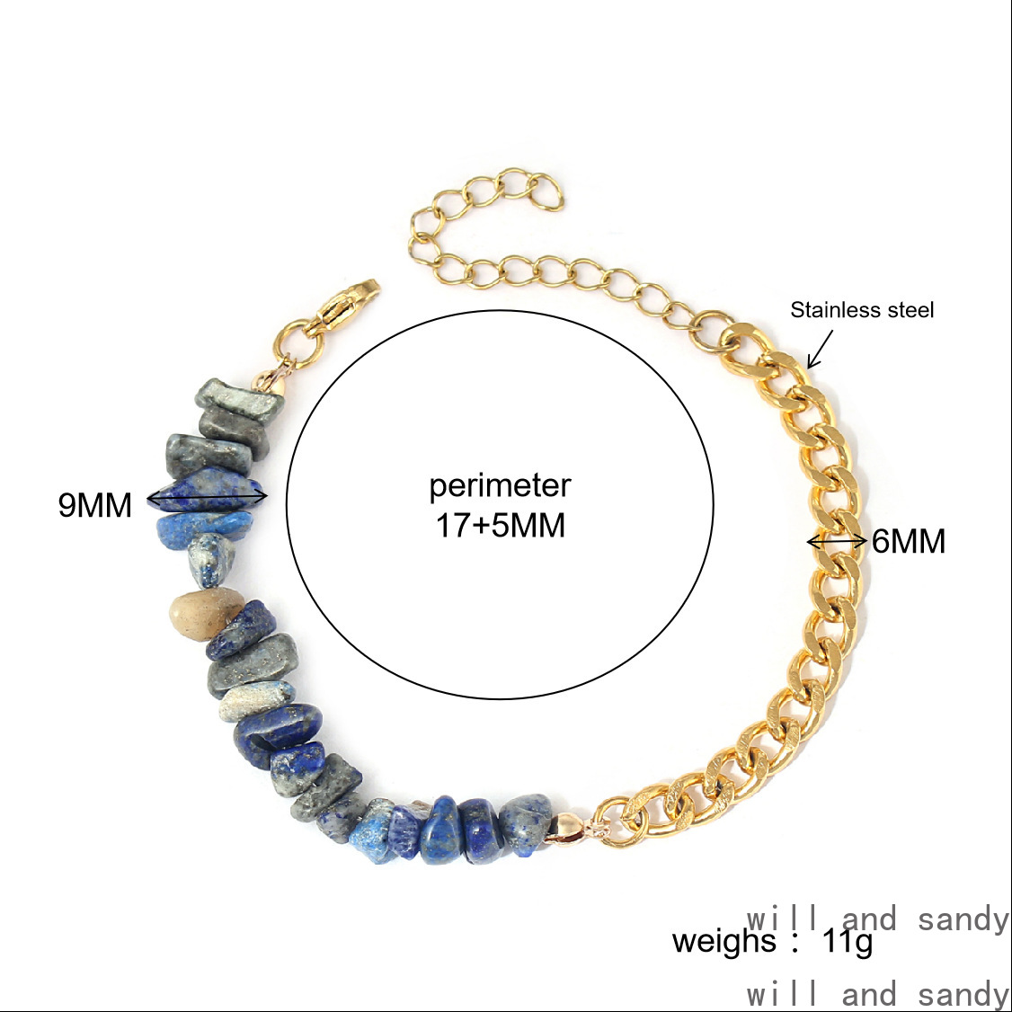 Natural Stone Chippings Bracelet Charm Stainless Steel Two Tone Gold Cuban Link Chain Bracelets Wristband Cuff for Woman Designer Jewelry