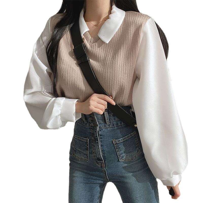 Plus Size Fat Mm Fake Two-Piece T-Shirt Women's Stitching Polo Collar Long-Sleeved Sweatshirt Threaded Loose All-Match Top B5