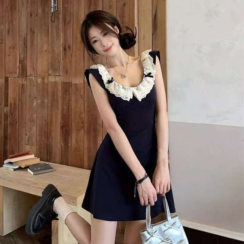 French Style Flutter Sleeve Blue For Women Spring New Small Petite Waist-Cinching A-Line Hot Girl Bodycon Dress B5