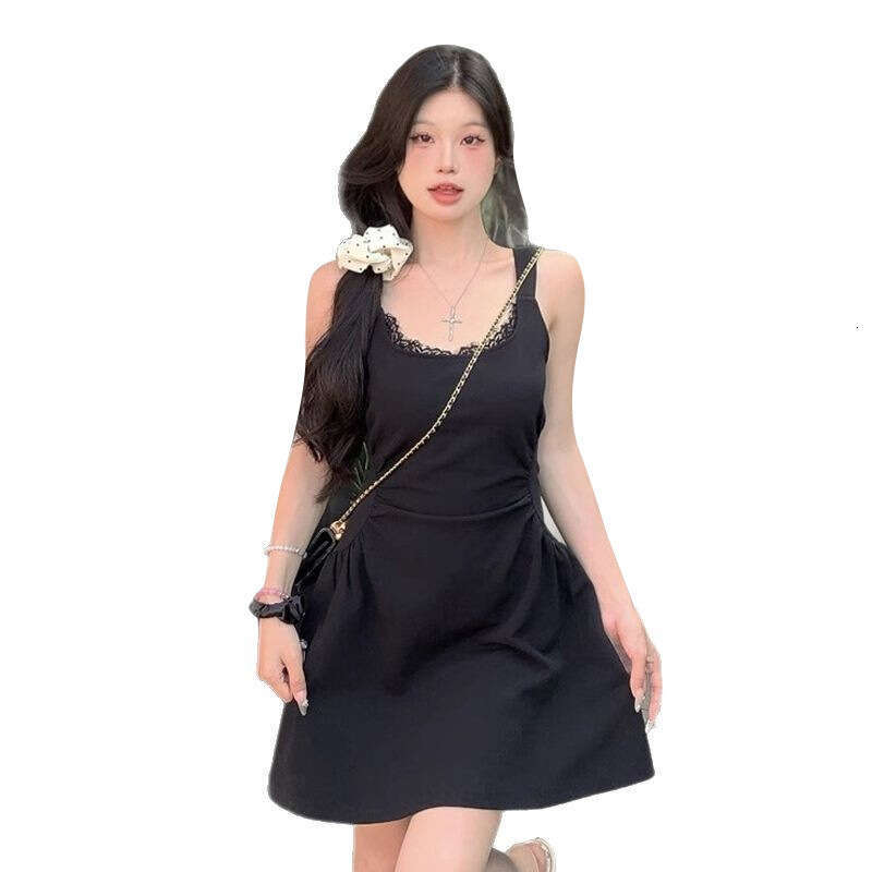 French Style Pure Desire Lace Strap For Women Summer Slim Fit Ruched Gentle Black Waist-Cinching A-Line Short Dress B5