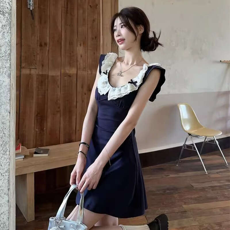 French Style Flutter Sleeve Blue For Women Spring New Small Petite Waist-Cinching A-Line Hot Girl Bodycon Dress B5