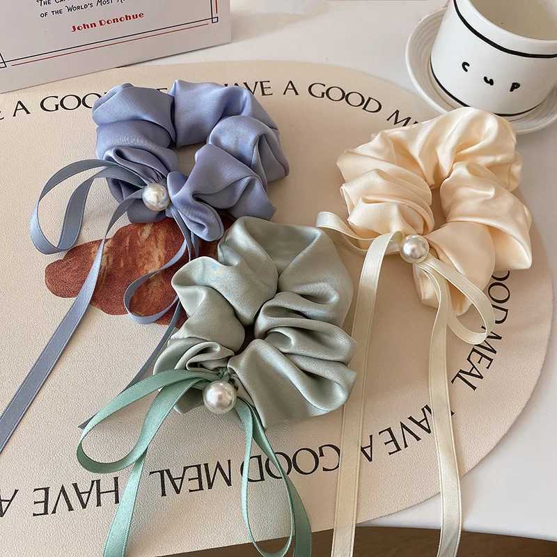 Fashion Ribbon Bow Pearl Hair Scrunchies Simple Solid Headbands Elegant Hair Ties Women Ponytail Rope Bands Hair Accessories Y250711