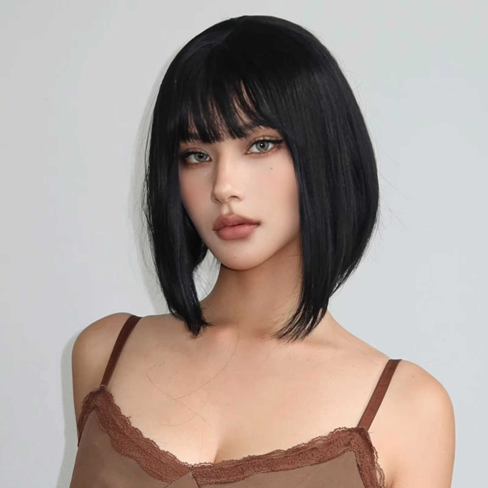 Short Straight Bob Black synthetic wig with fringe Ladies High temperature silk wig Christmas party Cosplay daily wear wig M250711