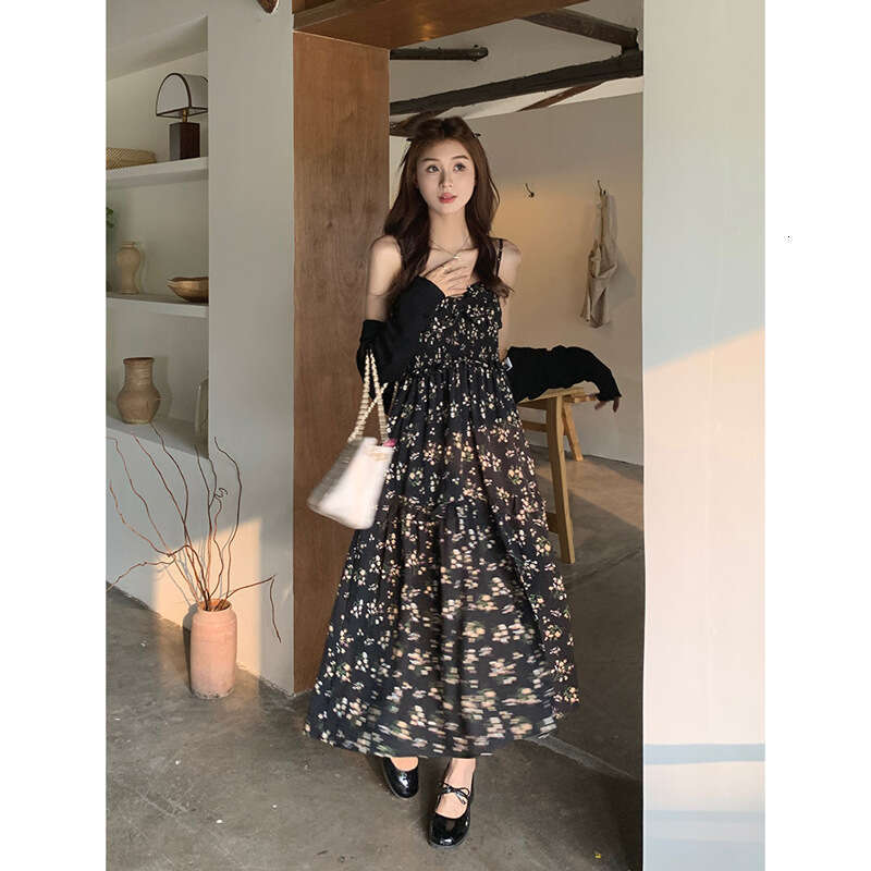 Fresh And Sweet French Style Black Floral Strapless Tube For Women, Summer Waist-Cinching Slimming Mid-Length Dress B5