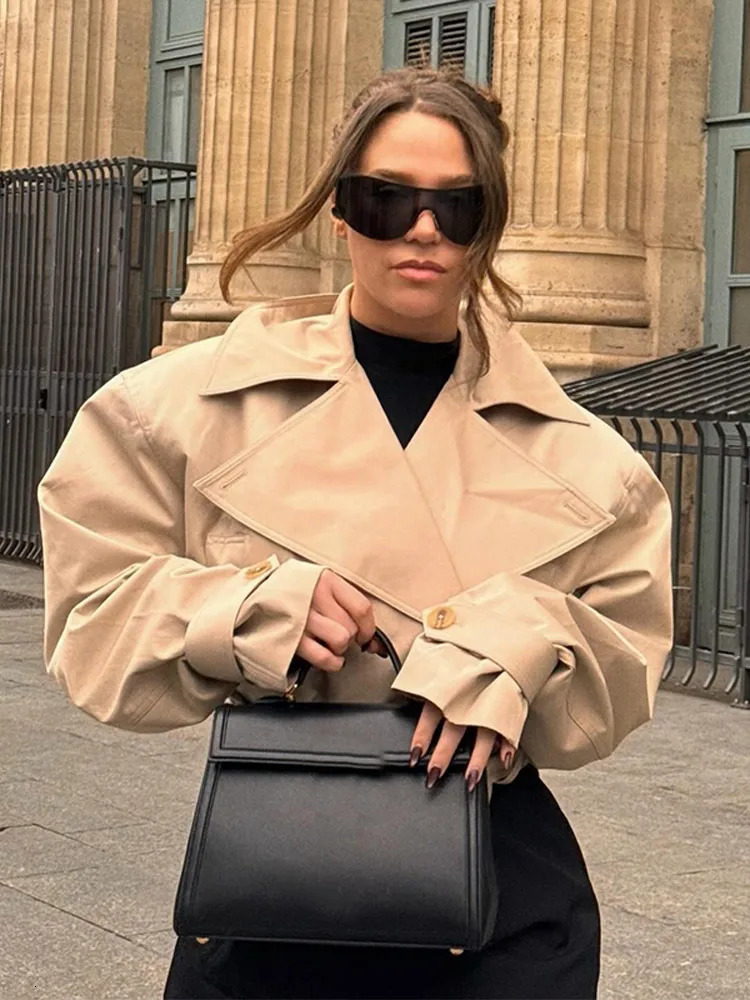 Beige Double Breasted Cropped Coat Women Large Collar Long Sleeves Belted Button Outerwear 2025 Summer Street Lady Garment 250709