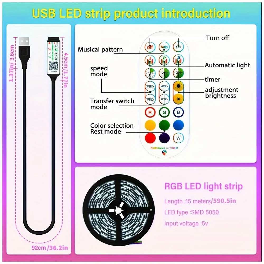 5V 5050 USB RGB LED Strip Light for Room TV Smart Bluetooth Backlight LED Tape 5M 15Meters Ice String LED Wall Room Decor XJ250710