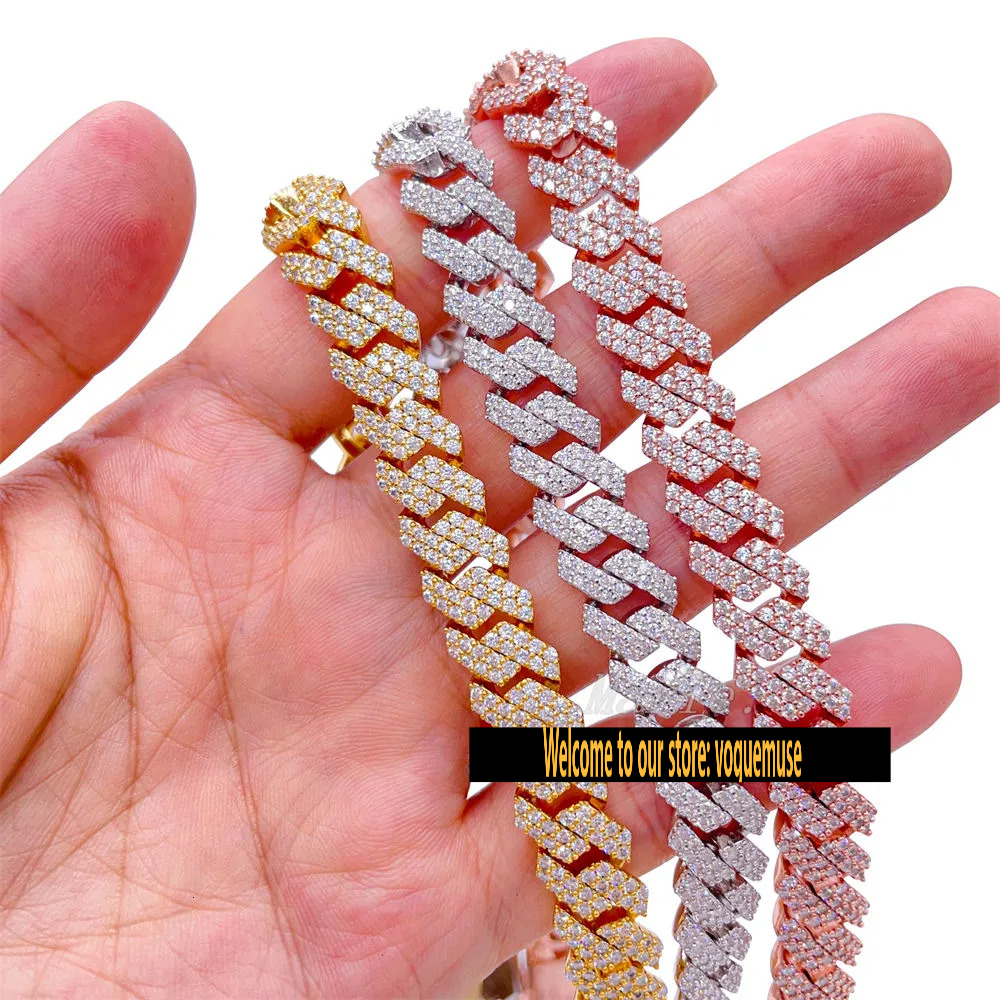 14MM wide 2 rows dia necklace designer for men high quality cuban link rock rapper hip hop gold plated stainless steel jewelry moissanite chain