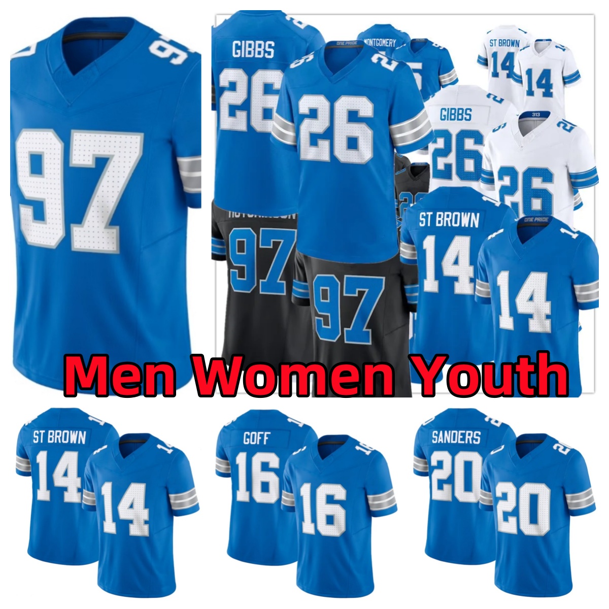 Amon-Ra St Brown 0 Jahmyr Gibbs Football Jersey Sam Laporta Barry Sanders Jameson Williams Brian Branch Terrion Arnold Jared Goff Penei Sewell Dan Jack Campbell