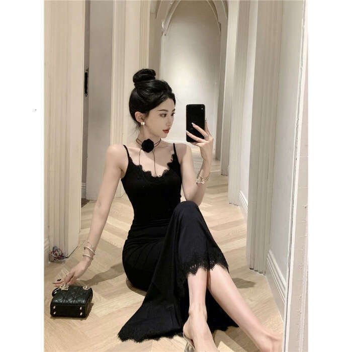 Sexy Black Strap For Women New Summer Goddess Style Elegant Waist-Cinching V-Neck Lace Long Dress B5