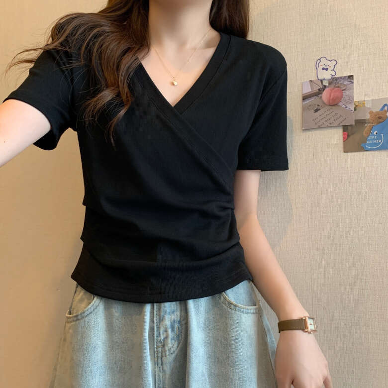 Cross V-Neck Sleeve T-Shirt For Women Summer New Design Slim Fit Short Student Trendy Top B5