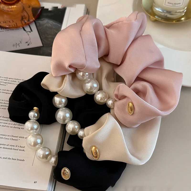 Elegant Lady Shiny Silk Pearl Elastic Hair Band Bracelet Scrunchies Expensive High Quality Solid Color Satin Hair Ties Head Wrap Y250711