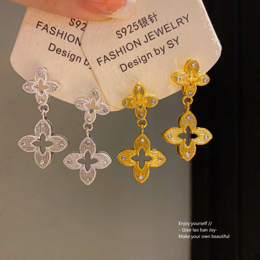 INS Luxury jewelry designer earrings For Women silver needle inlaid with diamonds hollowed out flower pendant high-end clover earrings exquisite simpl