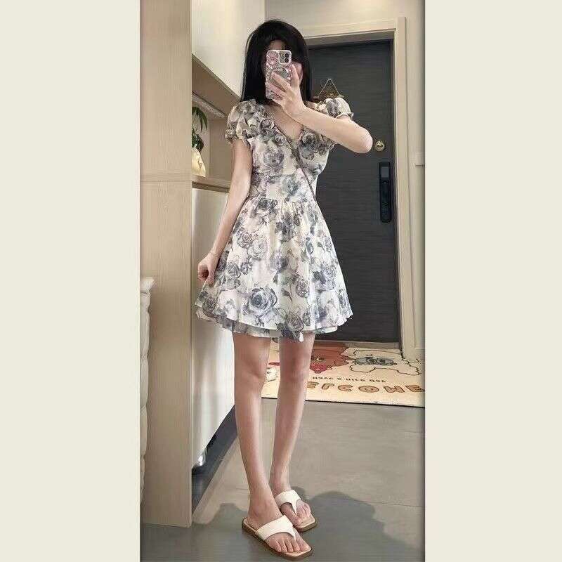 Ink Wash Rose 3D Flower Puffy Skirt Women Summer New French Style Petite Waist-Cinching Elegant Dress B5