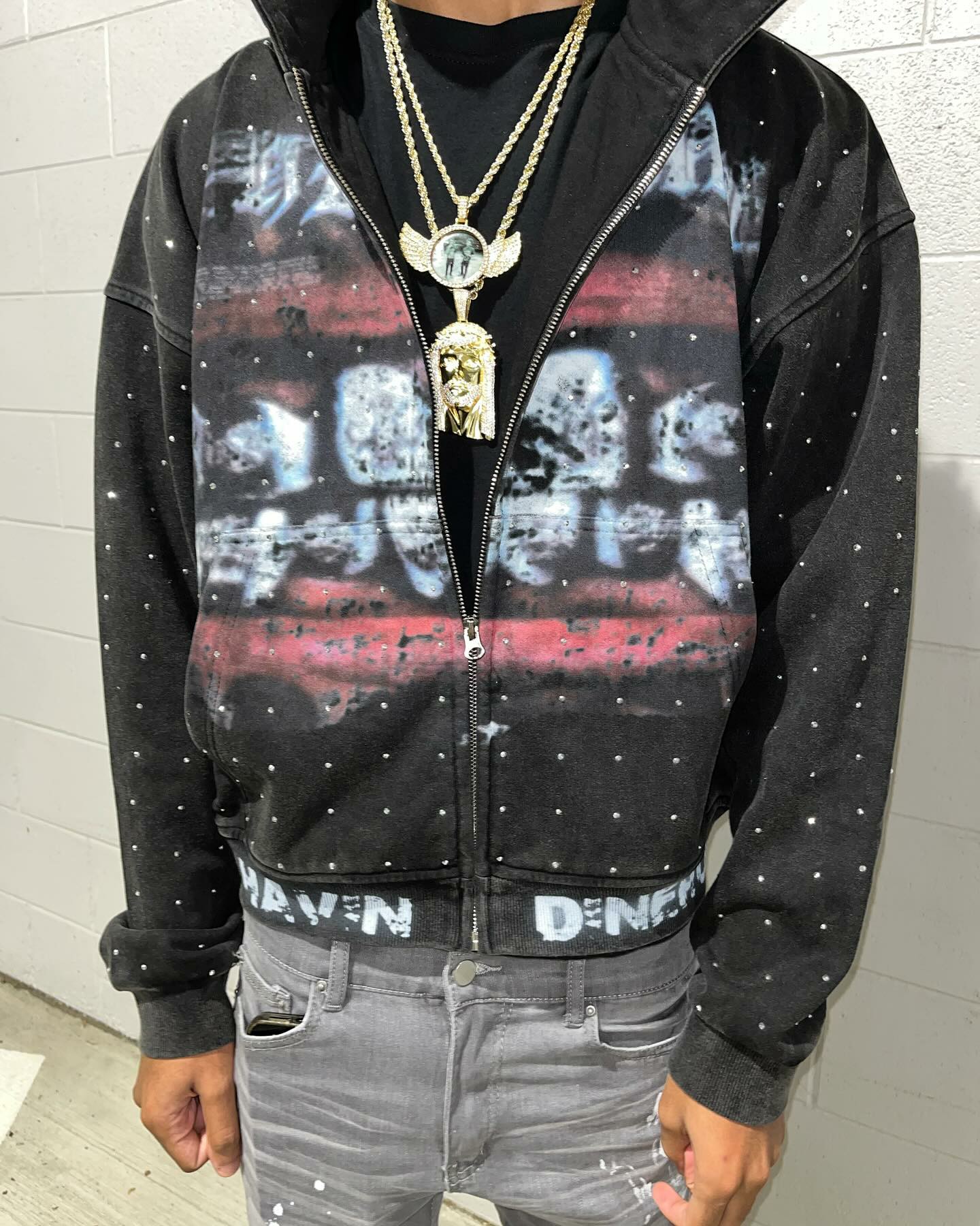 Streetwear Fashion Rhinestone Zip Up Sweatshirt Harajuku Lips Graphic Print Oversized Hoodie Goth Black Hooded Jacket Men Women