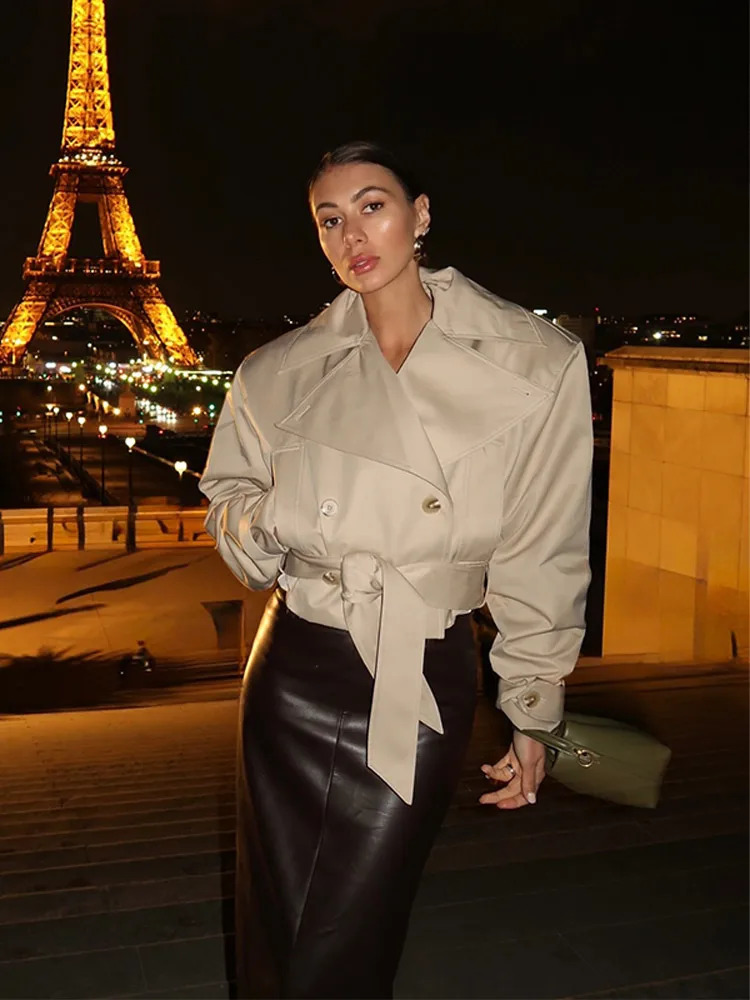 Beige Double Breasted Cropped Coat Women Large Collar Long Sleeves Belted Button Outerwear 2025 Summer Street Lady Garment 250709