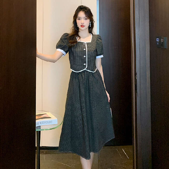 Summer New French Square Neck Puff Short Sleeve Shirt Women High Waist Mid-Length A-Line Skirt Gentle Style Set B5