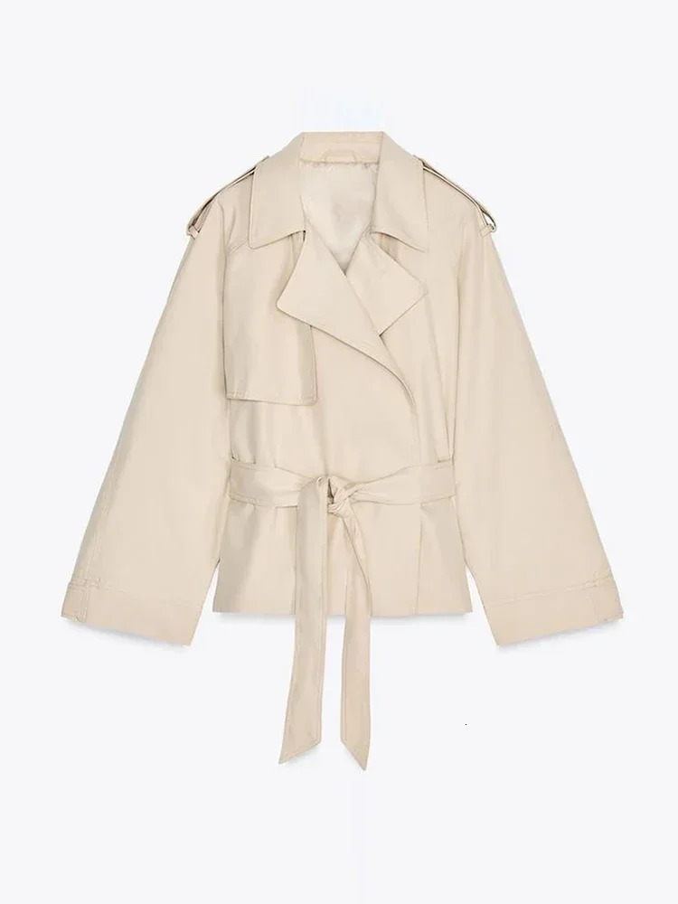 Womens Casual Cropped Trench Coat Lace-Up Lapel Full Sleeve Loose Jacket High Street Fashion Outwear for Ladies 2025 Autumn 250708